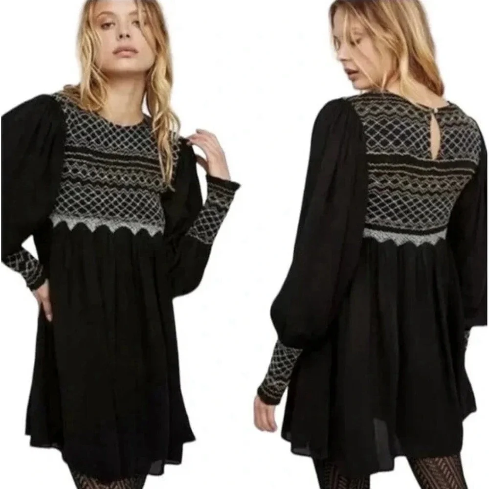 Free People Women's Black Late Night Picnic Mini Dress Embroidered‎ Size XS $148